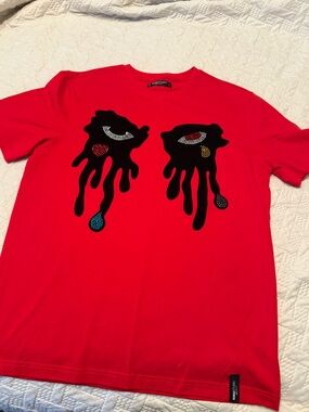 ROKU Studio Bright Red Crewneck Tee with Black Drip Graphic